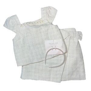 Rachel Zoe Beige Tweed Two Piece Dress Pearl Silver Shimmer NWT Girls 7 Headband